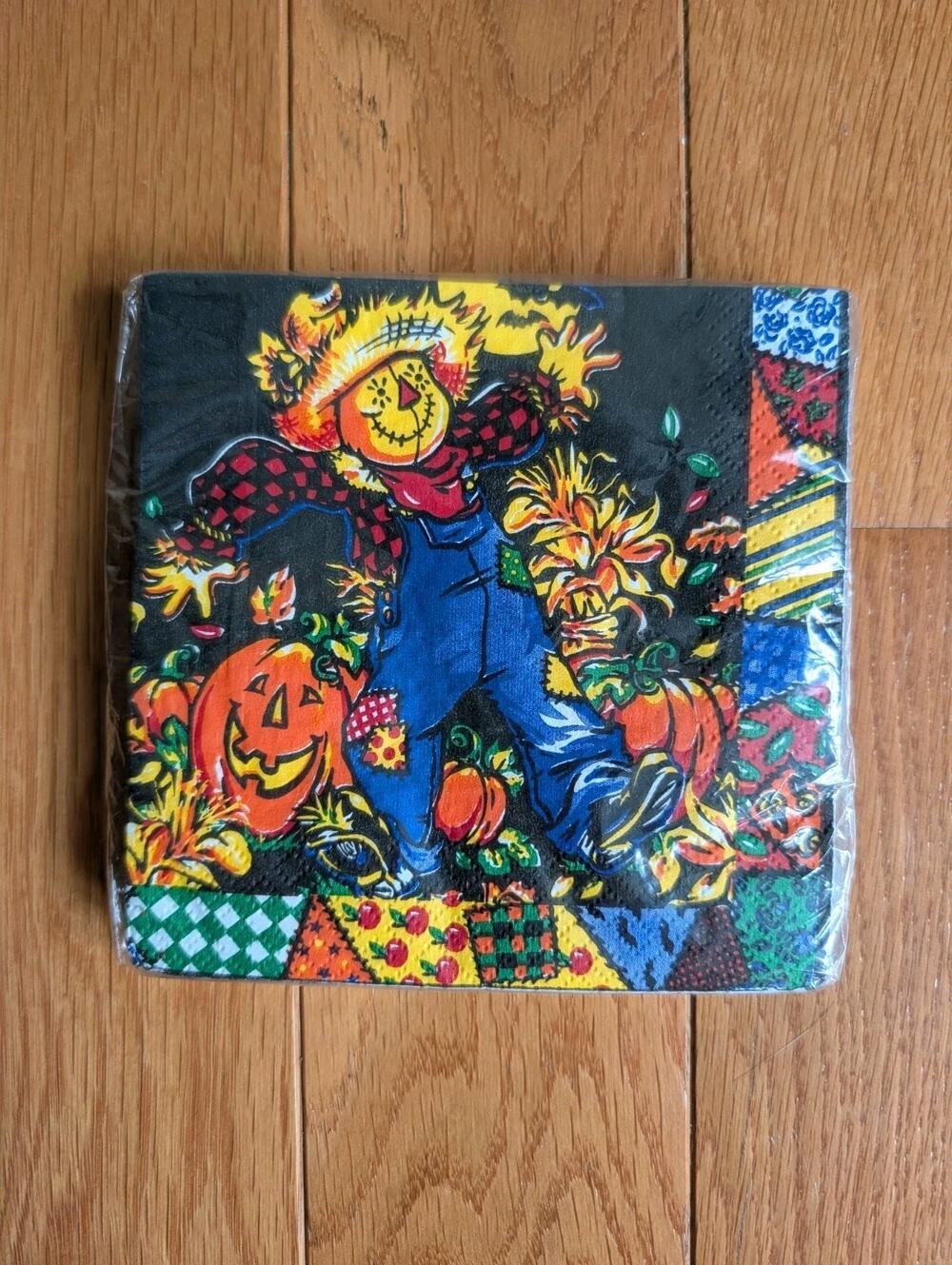 Vintage Fall Harvest Scarecrow Patchwork Event Napkins 1996 90s Retro Classic